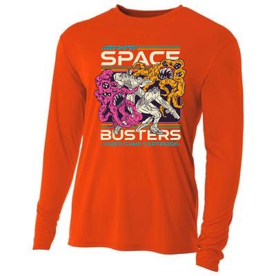 Space Busters Video Game Cartridge Cooling Performance Long Sleeve Crew