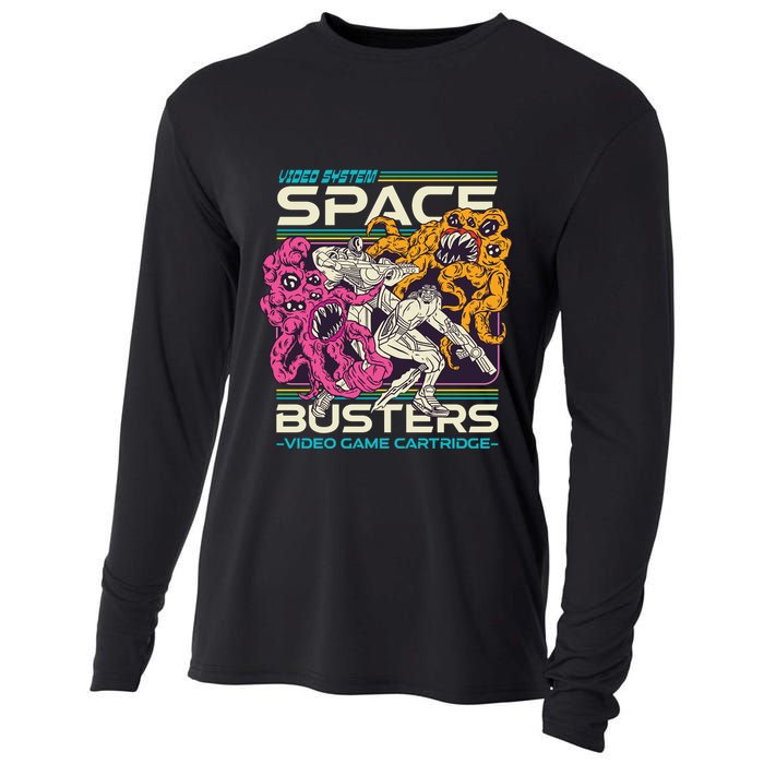 Space Busters Video Game Cartridge Cooling Performance Long Sleeve Crew