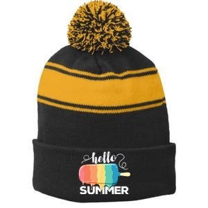 Sunny Beach Vacation Ice Cream Popsicle Hello Summer Stripe Pom Pom Beanie