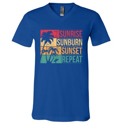 Summer Beach Vacation And Sunrise Sunburn Sunset Repeat Gift V-Neck T-Shirt