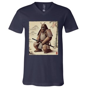 Samurai Bigfoot Warrior Japanese Armor Mythical Sasquatch V-Neck T-Shirt