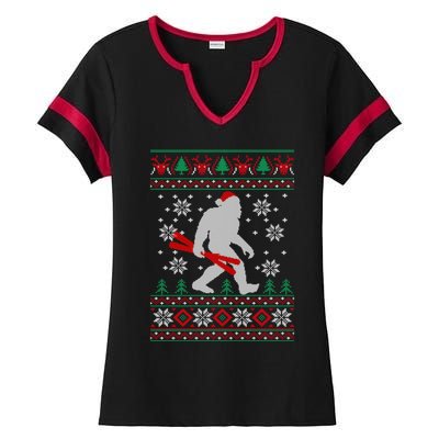 Skiing Bigfoot Wear Santa Hat Ugly Christmas For Skier Ski Cool Gift Ladies Halftime Notch Neck Tee