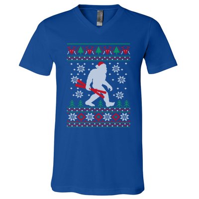 Skiing Bigfoot Wear Santa Hat Ugly Christmas For Skier Ski Funny Gift V-Neck T-Shirt