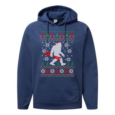 Skiing Bigfoot Wear Santa Hat Ugly Christmas For Skier Ski Funny Gift Performance Fleece Hoodie