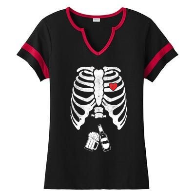 Skeleton Beer Xray Pregnancy Announcet Dad Cute Halloween Gift Ladies Halftime Notch Neck Tee