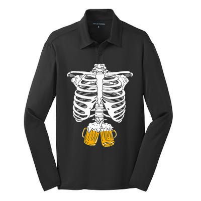 Skeleton Beer Xray Pregnancy Announcement Dad Silk Touch Performance Long Sleeve Polo