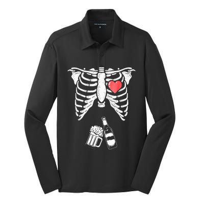 Skeleton Beer Xray Pregnancy Announcement Dad Silk Touch Performance Long Sleeve Polo