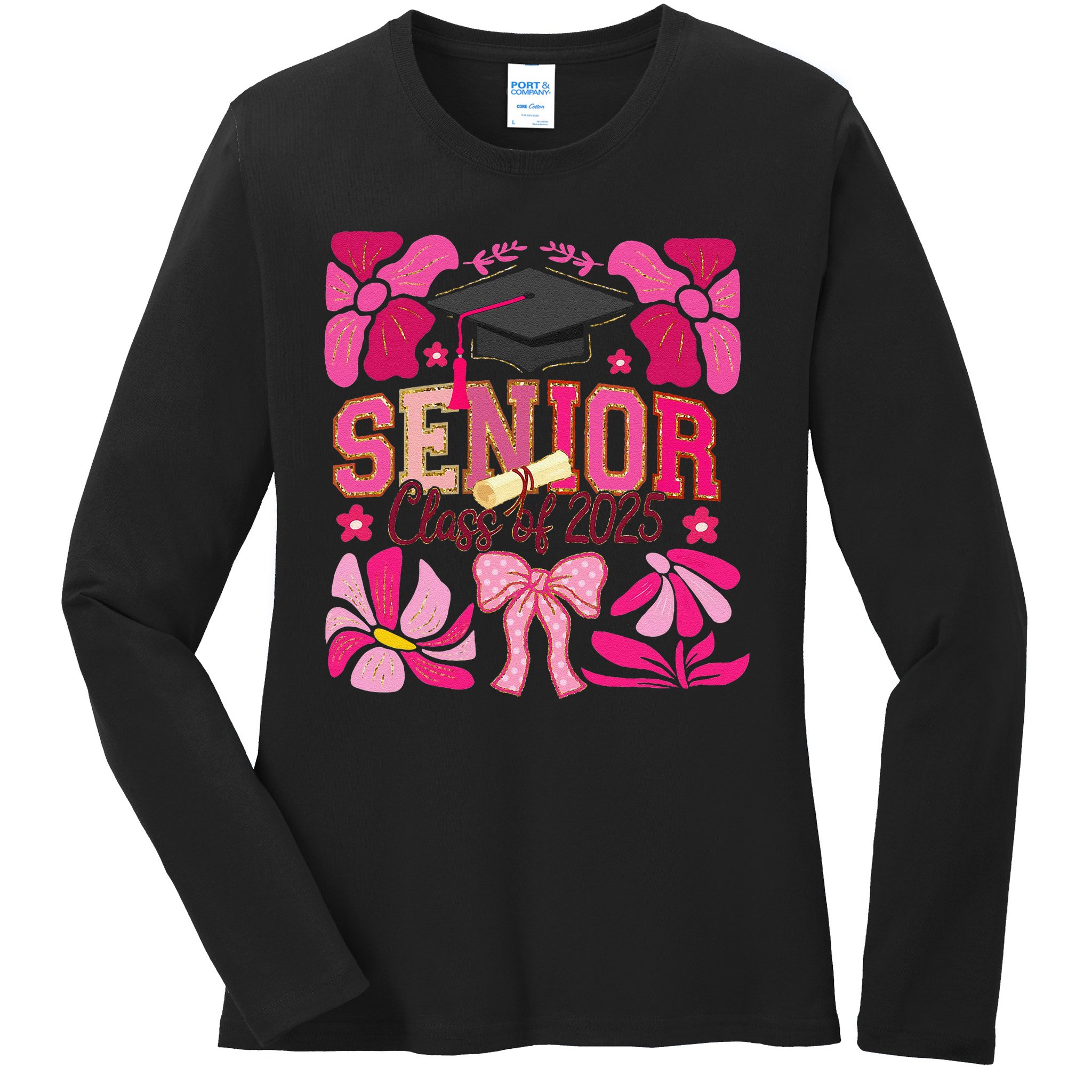 Senior Class 2025 Graduate Last Day Of School Coquette Bow Ladies Long Sleeve Shirt