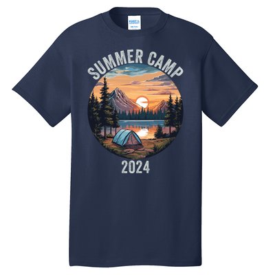 Summer Camp 2024 Fun Outdoors Camper Life Bonfire Camp Fire Funny Camping Tall T-Shirt