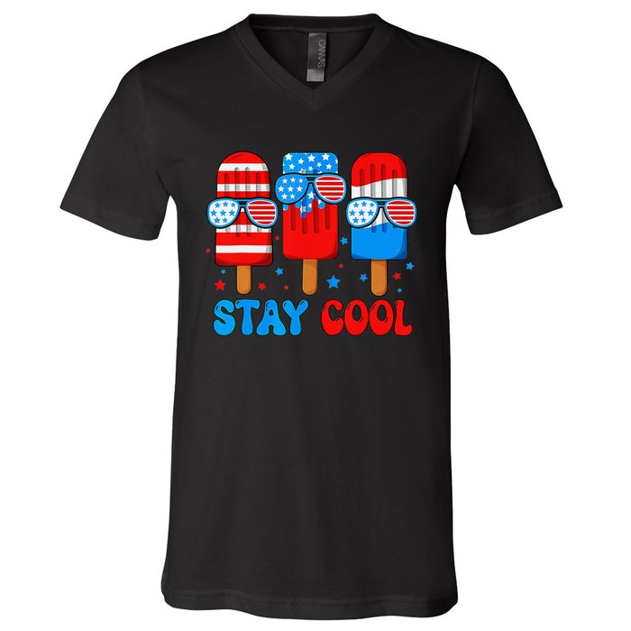 Stay Cool 4th Of July Popsicle American Flag V-Neck T-Shirt