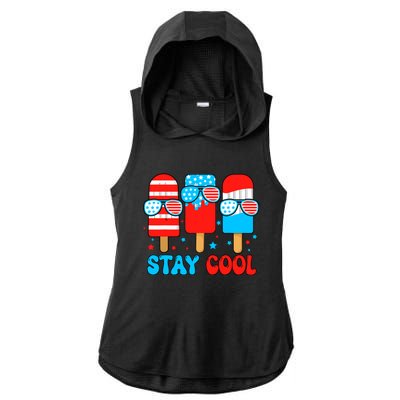 Stay Cool 4th July Popsicle Usa Flag American Ladies PosiCharge Tri-Blend Wicking Draft Hoodie Tank