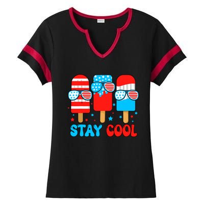 Stay Cool 4th July Popsicle Usa Flag American Ladies Halftime Notch Neck Tee