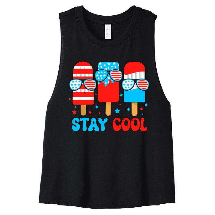 Stay Cool 4th July Popsicle Usa Flag American Women's Racerback Cropped Tank