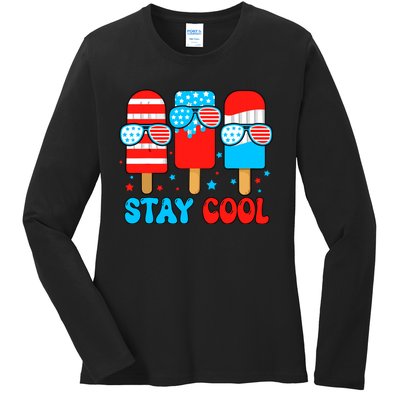 Stay Cool 4th July Popsicle Usa Flag American Ladies Long Sleeve Shirt