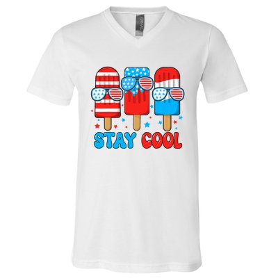 Stay Cool 4th July Popsicle Usa Flag V-Neck T-Shirt