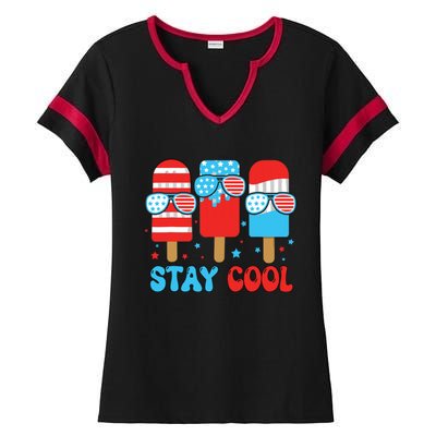 Stay Cool 4th July Popsicle American Flag Ladies Halftime Notch Neck Tee