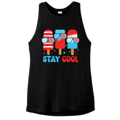 Stay Cool 4th July Popsicle American Flag Ladies PosiCharge Tri-Blend Wicking Tank