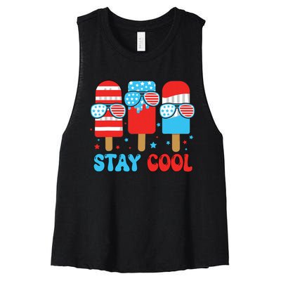 Stay Cool 4th July Popsicle American Flag Women's Racerback Cropped Tank