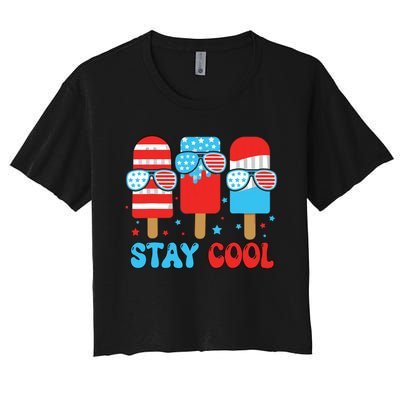 Stay Cool 4th July Popsicle American Flag Women's Crop Top Tee