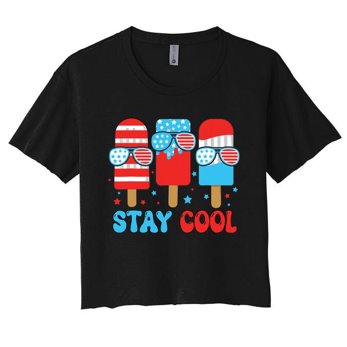 Stay Cool 4th July Popsicle American Flag Women's Crop Top Tee