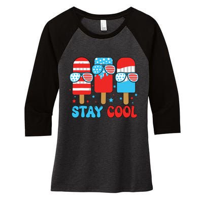 Stay Cool 4th July Popsicle American Flag Women's Tri-Blend 3/4-Sleeve Raglan Shirt