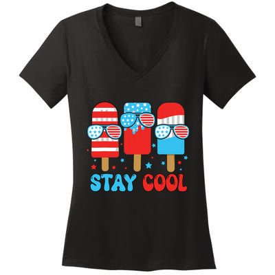 Stay Cool 4th July Popsicle American Flag Women's V-Neck T-Shirt
