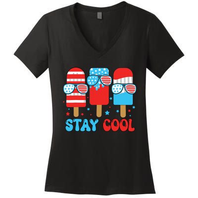 Stay Cool 4th July Popsicle American Flag Women's V-Neck T-Shirt