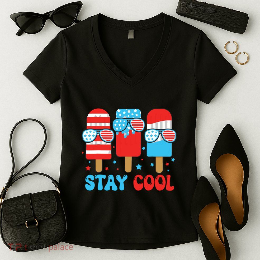 Stay Cool 4th July Popsicle American Flag Women's V-Neck T-Shirt
