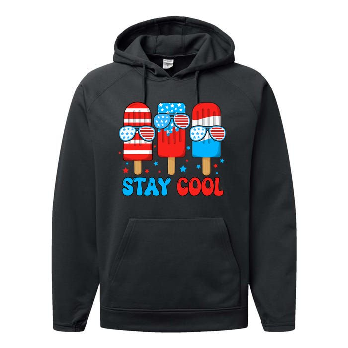 Stay Cool 4th July Usa Flag Funny Popsicle Performance Fleece Hoodie