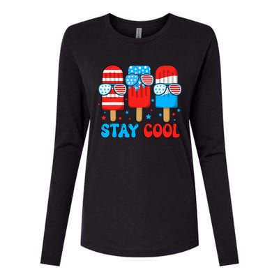 Stay Cool 4th July Usa Flag Funny Popsicle Womens Cotton Relaxed Long Sleeve T-Shirt