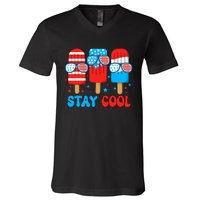 Stay Cool 4th July Usa Flag Funny Popsicle V-Neck T-Shirt