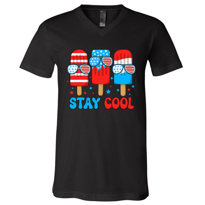 Stay Cool 4th July Usa Flag Funny Popsicle V-Neck T-Shirt