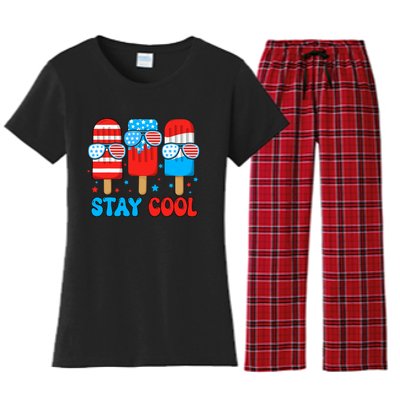 Stay Cool 4th July Usa Flag Funny Popsicle Women's Flannel Pajama Set