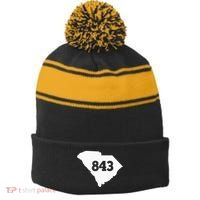 South Carolina 843 Area Code Stripe Pom Pom Beanie