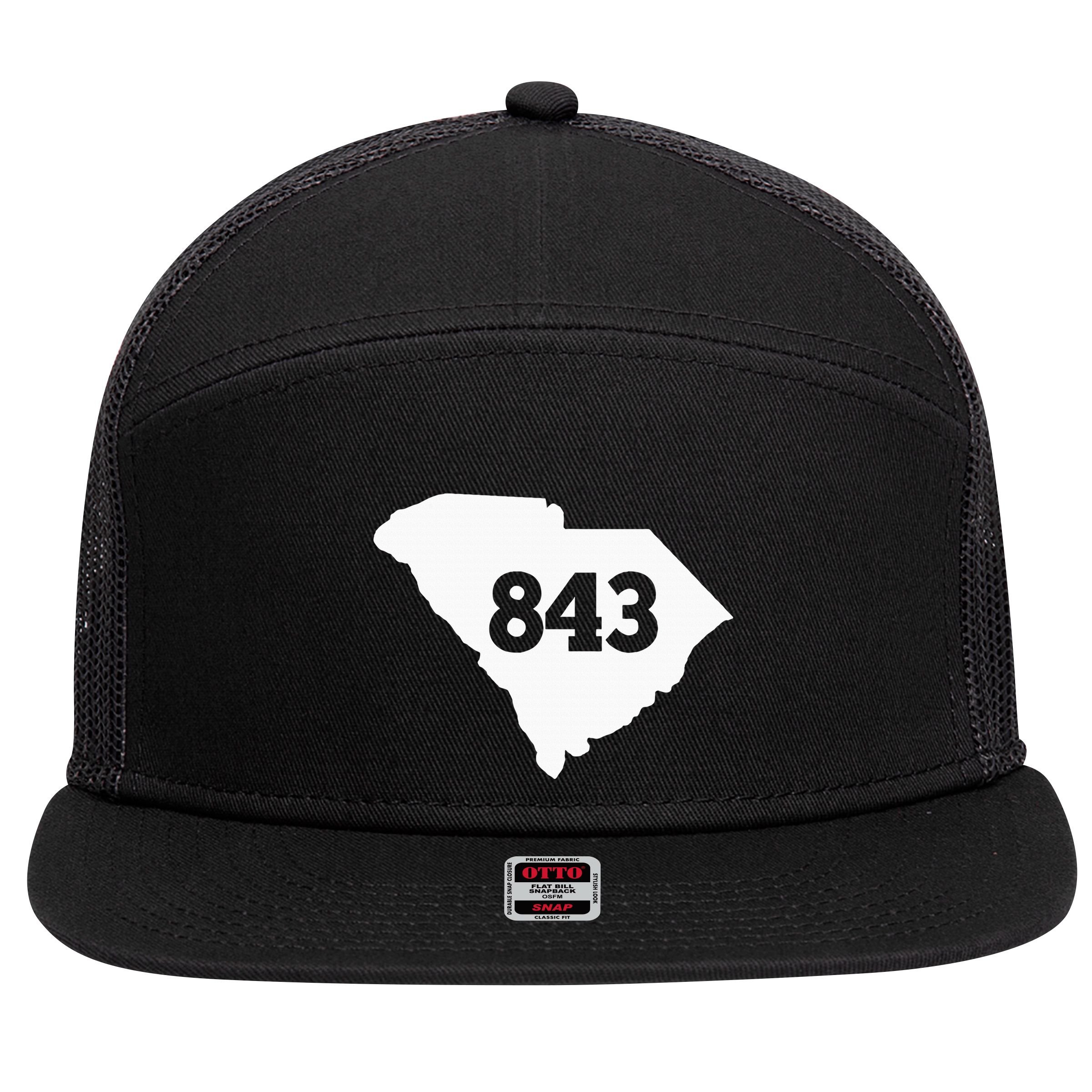 South Carolina 843 Area Code 7 Panel Mesh Trucker Snapback Hat