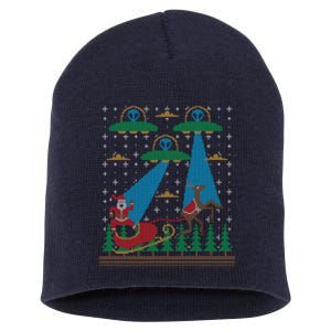 Santa Claus Alien Invasion Space Ufo Ugly Christmas Sweater Short Acrylic Beanie