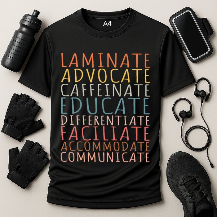 Sped Caffeinate Advocate Laminate Educate Teacher Cooling Performance Crew T-Shirt