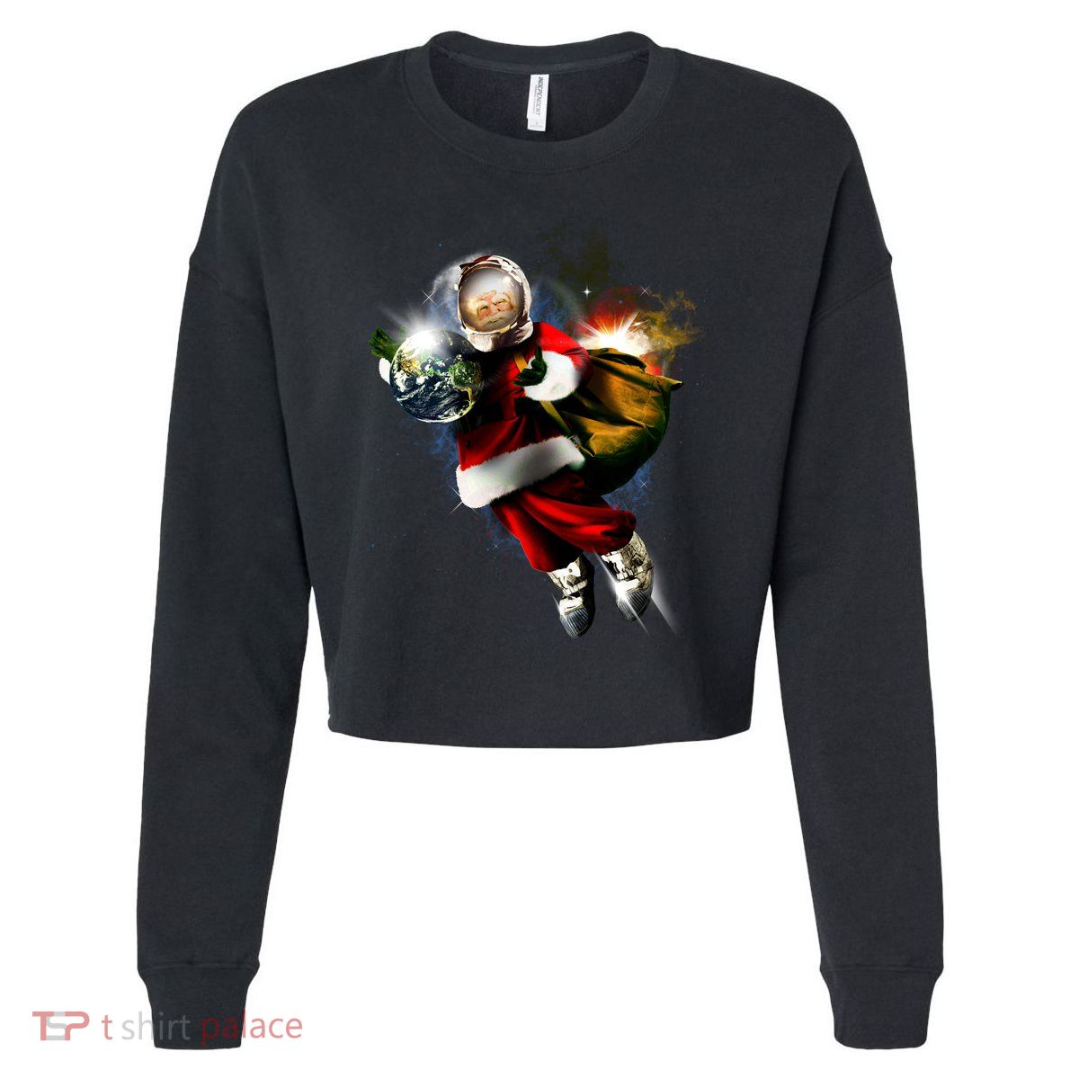 Santa Claus Astronaut In Space Cropped Pullover Crew