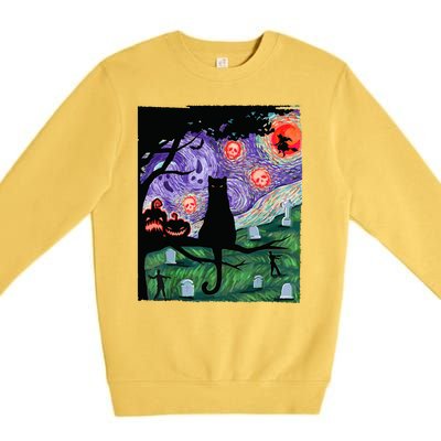 Spooky Cat Art Painting Halloween Premium Crewneck Sweatshirt