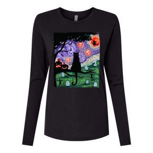 Spooky Cat Art Painting Halloween Womens Cotton Relaxed Long Sleeve T-Shirt