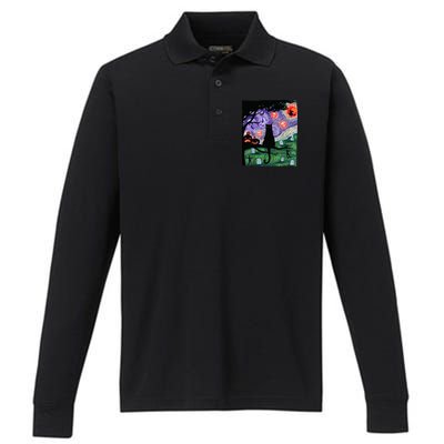 Spooky Cat Art Painting Halloween Performance Long Sleeve Polo