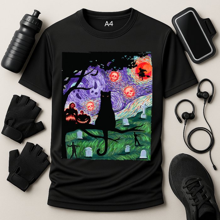 Spooky Cat Art Painting Halloween Cooling Performance Crew T-Shirt
