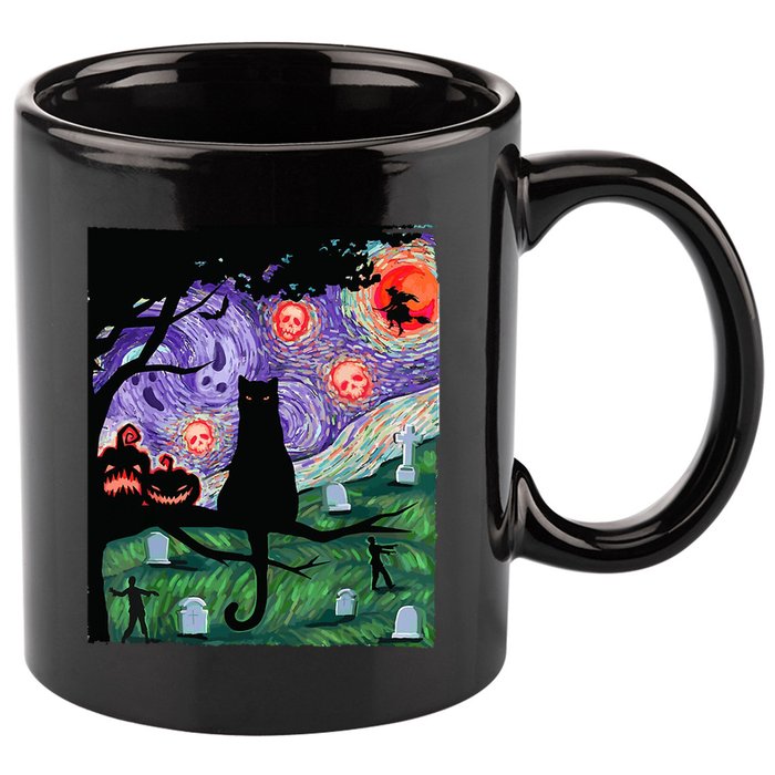 Spooky Cat Art Painting Halloween 11oz C Handle Ceramic Mug