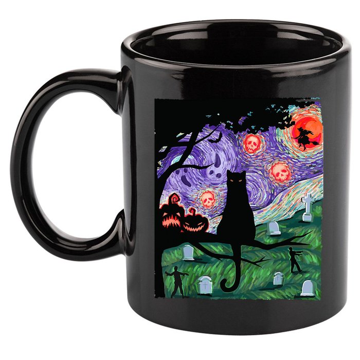 Spooky Cat Art Painting Halloween 11oz C Handle Ceramic Mug