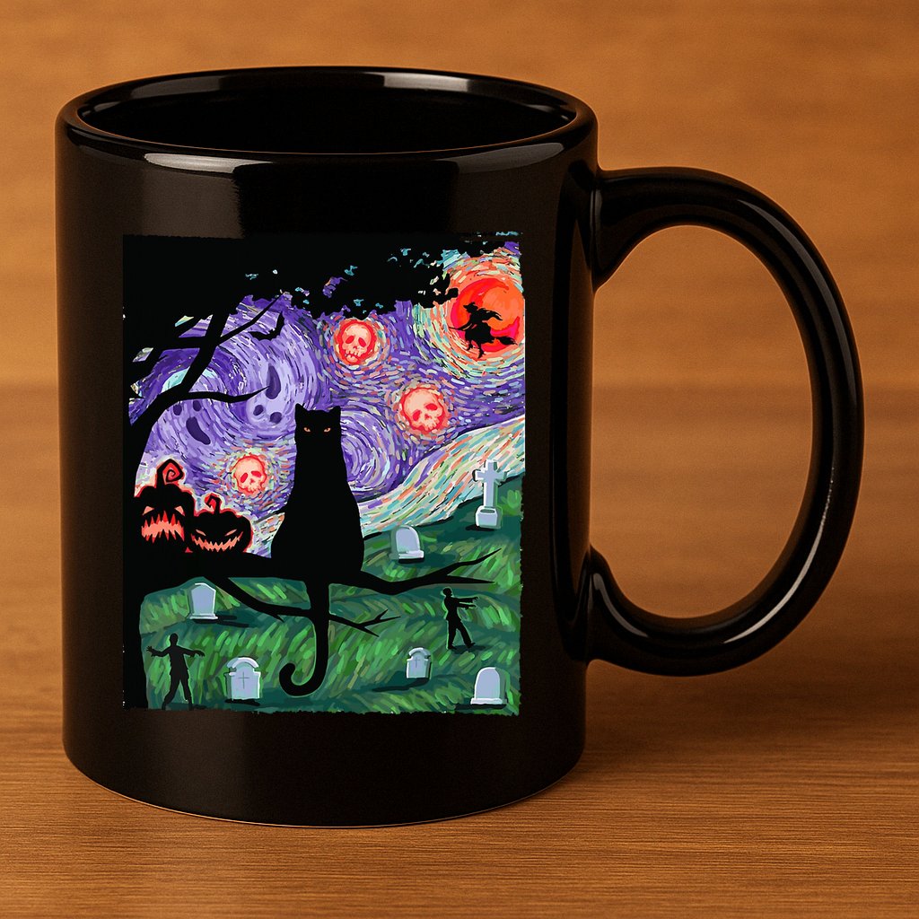 Spooky Cat Art Painting Halloween 11oz C Handle Ceramic Mug