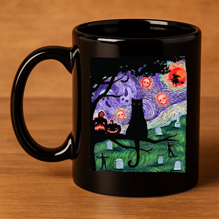 Spooky Cat Art Painting Halloween 11oz C Handle Ceramic Mug