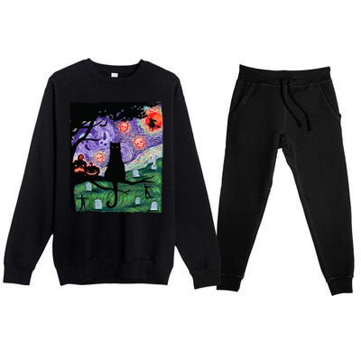 Spooky Cat Art Painting Halloween Premium Crewneck Sweatsuit Set