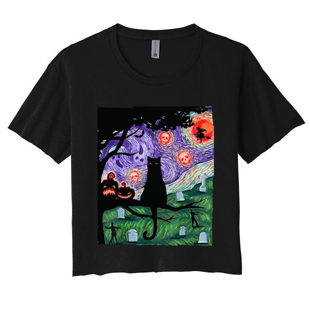 Spooky Cat Art Painting Halloween Crop Top