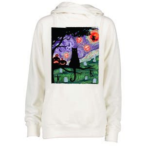 Spooky Cat Art Painting Halloween Womens Funnel Neck Pullover Hood