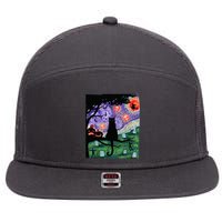 Spooky Cat Art Painting Halloween 7 Panel Mesh Trucker Snapback Hat